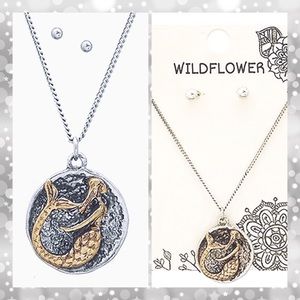 Mermaid Two Tone Pendant Necklace Set in Silver